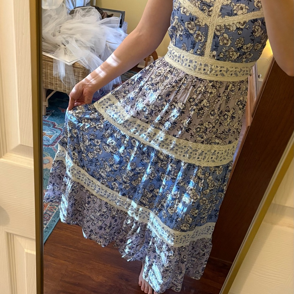 Beautiful sleeveless floral tiered maxi Easter dress lace trim accents